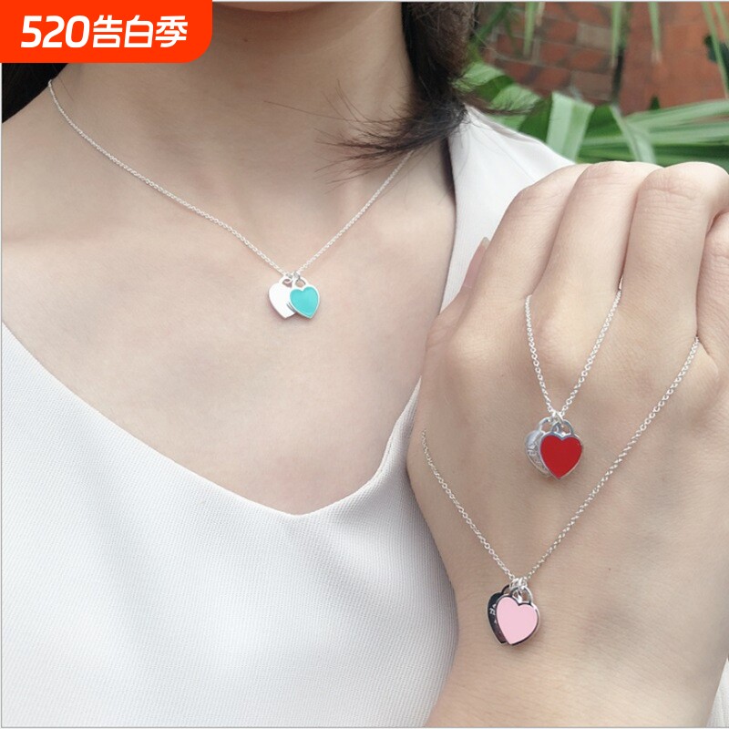s925银欧美简约时尚气质桃心形项坠女网红珐琅双爱心吊坠外贸货源