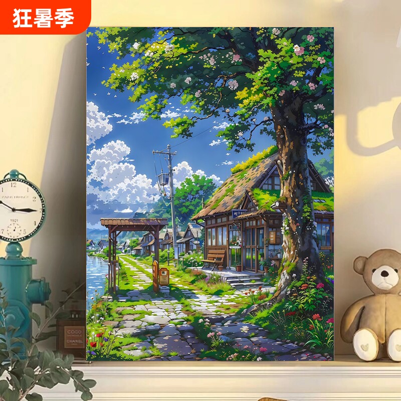 宫崎骏风景diy数字油画填色手绘治愈ins客厅丙烯装饰画肌理绘画 - 实物图
