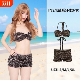 2025新款 辣妹波点荷叶边性感比基尼纯欲风小胸挂脖分体泳衣女 美式