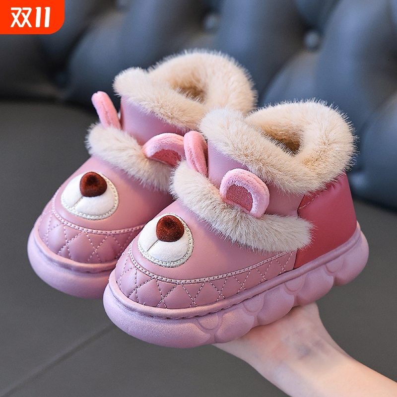 2025冬季棉鞋儿童新款卡通可爱英伦防滑保暖防水宝宝居家室外粉色