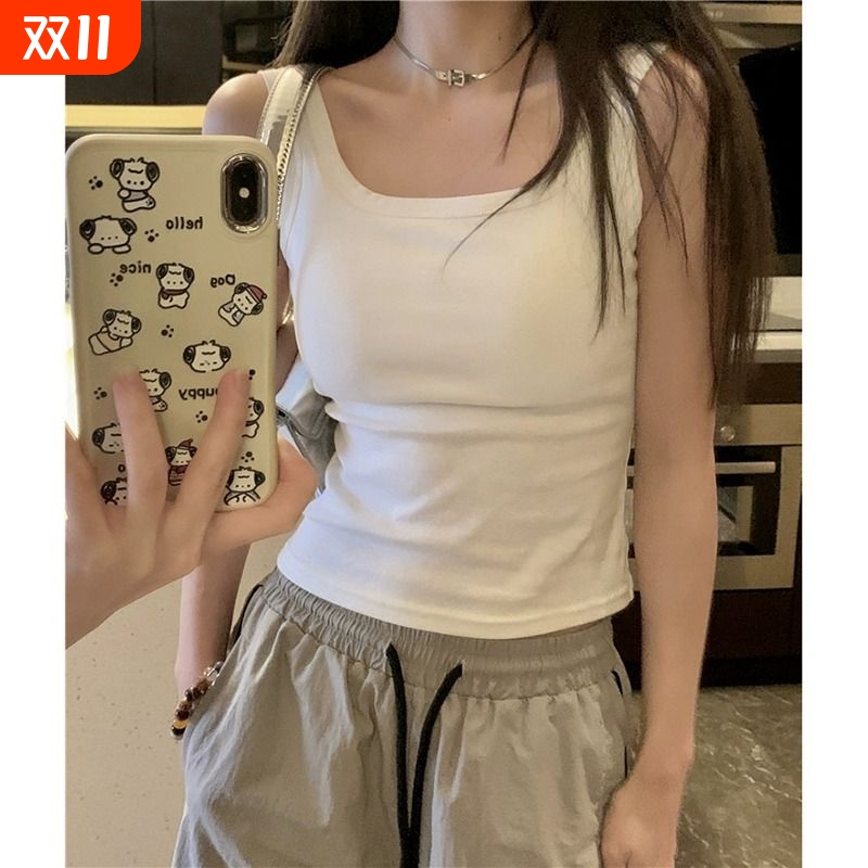 带胸垫黑色吊带背心新款夏季