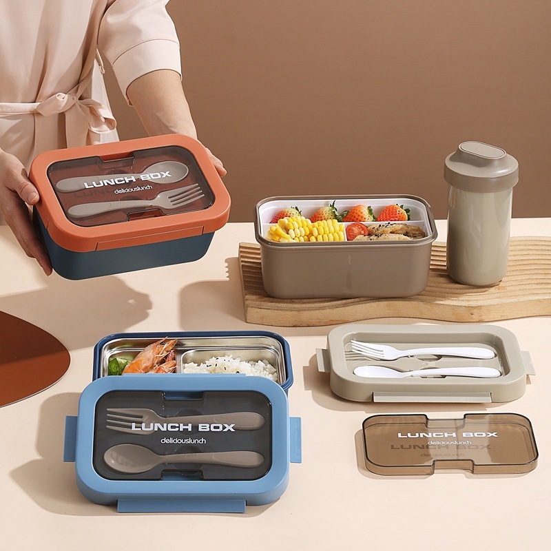 ins风PP双层轻食便当盒带餐具304不锈钢分格饭盒便捷野餐水果盒