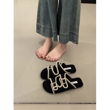 香港真皮厚底蕾丝勃肯凉拖女2025新款夏季外穿皮带扣一字拖沙滩鞋
