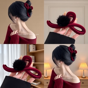 新年冬季毛毛抓夹新款红色发夹高级丝绒鲨鱼大号夹子头饰后脑勺