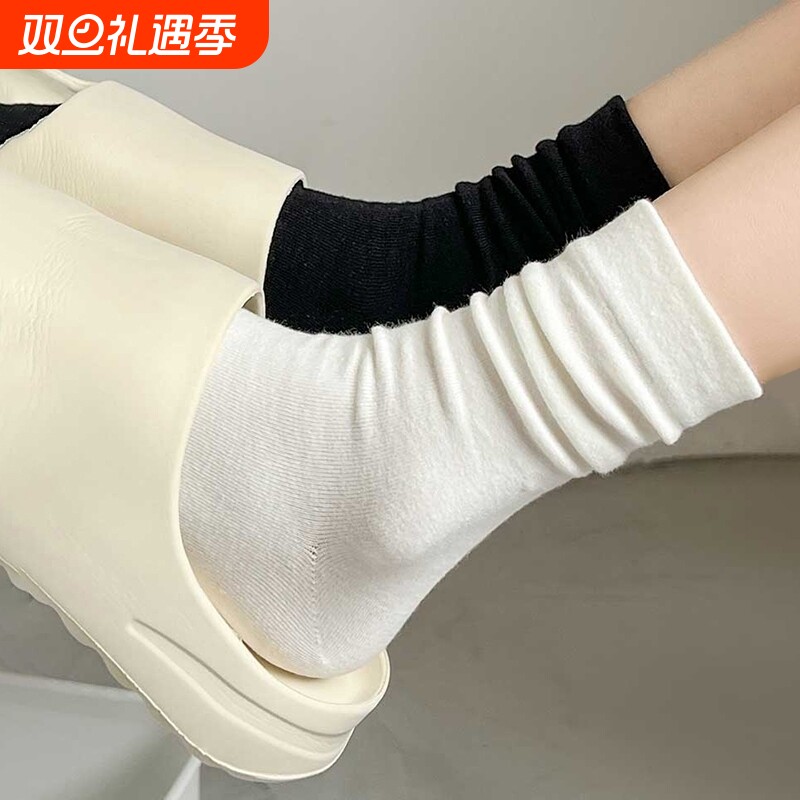 白色堆堆袜子女夏季薄款中筒纯棉配小皮鞋夏天无骨袜黑色月子长袜