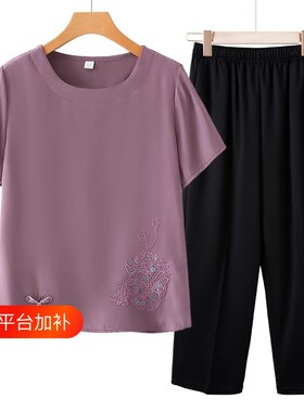 妈妈夏季棉麻短袖套装中老年女装