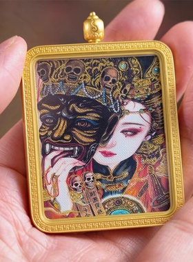 国宝描金唐卡藏式半手绘札记拉姆嘎乌盒杠吊坠随身佛挂件护身符