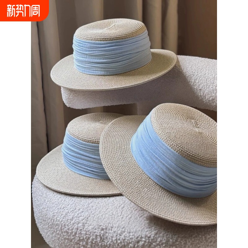 绑带草帽子女夏季新款海边度假风草编平顶礼帽百搭遮阳帽蓝色粉色