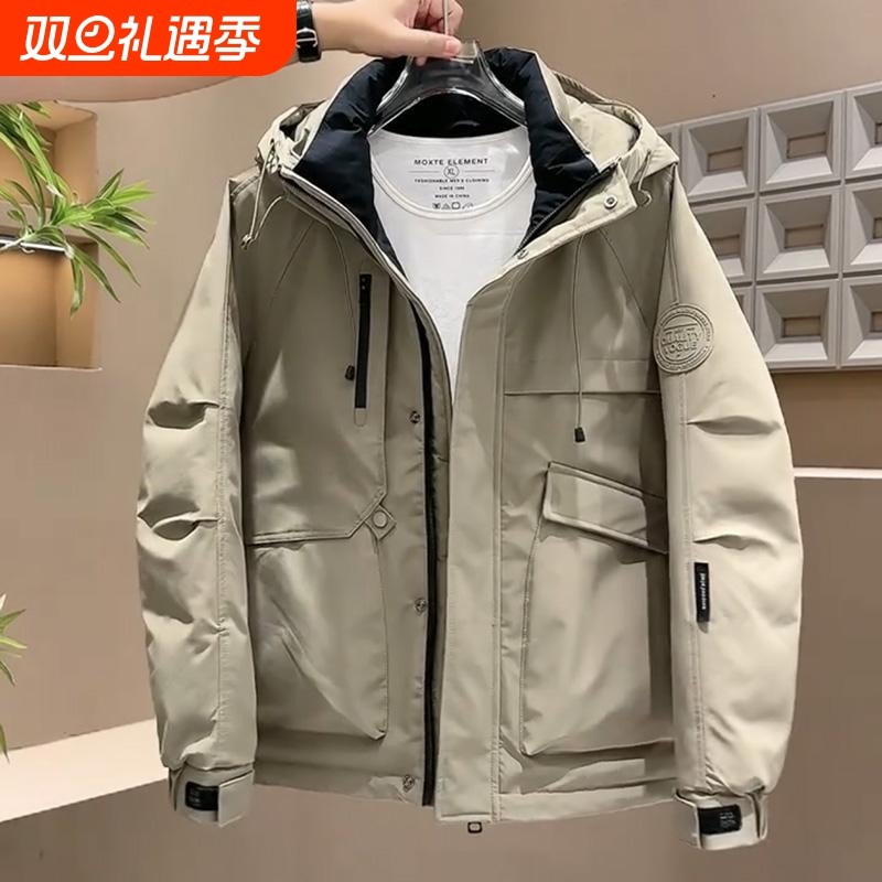 户外男士羽绒服帅气潮牌加厚保暖连帽防寒服男款休闲外紫色黑色