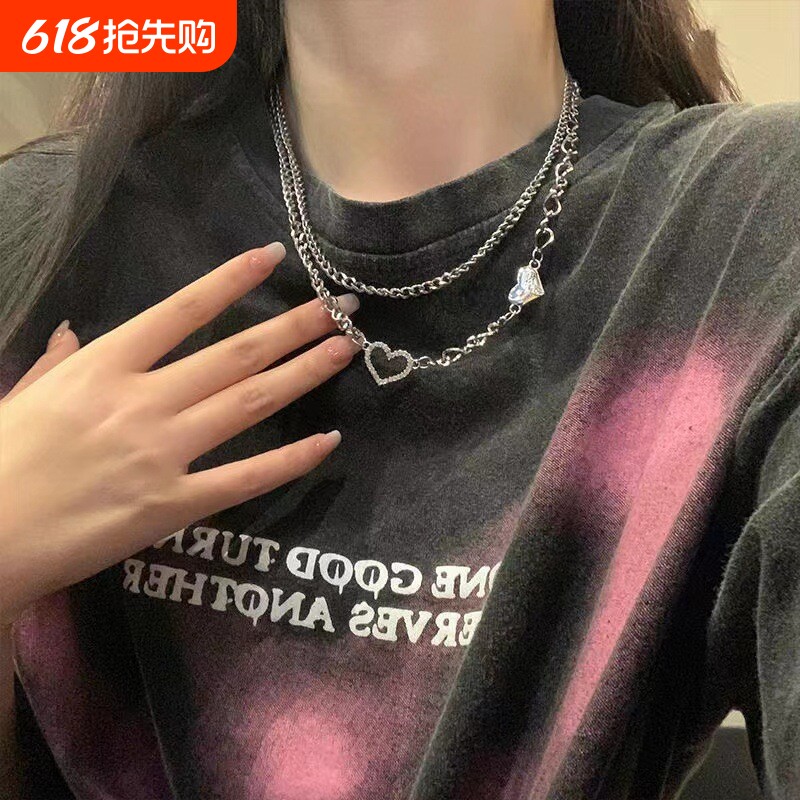 辣妹项链女高级设计感小众双层T恤链锁骨链气质甜酷配饰颈链爱心