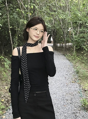 韩系复古黑色波点丝巾女2026新款系脖高级感长条飘带百搭领巾发带