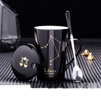 十二星座马克杯创意陶瓷杯带盖勺家用喝水杯子办公茶杯情侣咖啡杯