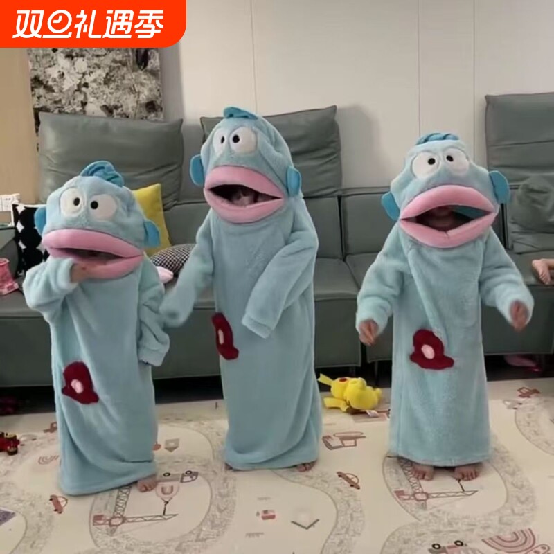 丑鱼儿童连体睡衣女孩睡裙亲子装秋冬季加厚珊瑚绒家居服加绒卡通