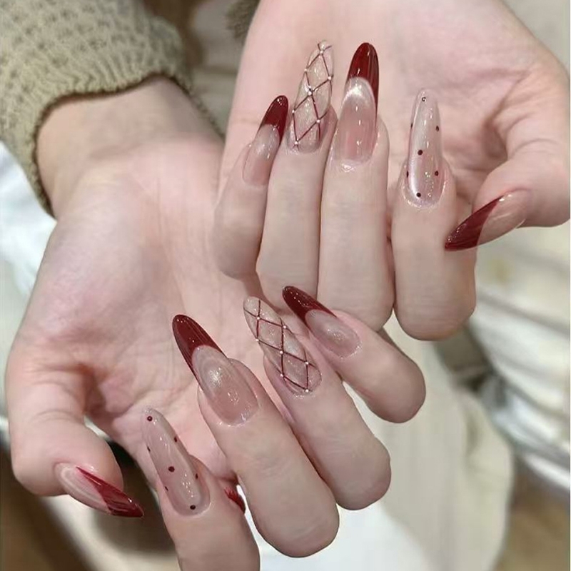 酒红法式微笑猫眼风铃格波点