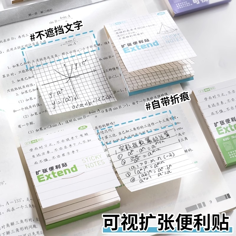 可视扩张便签本不遮挡可折叠可撕有粘性可粘贴高颜值便签贴纸任意贴透明高中笔记贴订正错题扩展横线珠光网格