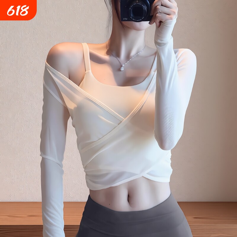 瑜伽服套装网红甜美健身三件套网纱外搭高腰收腹九分裤运动长袖女