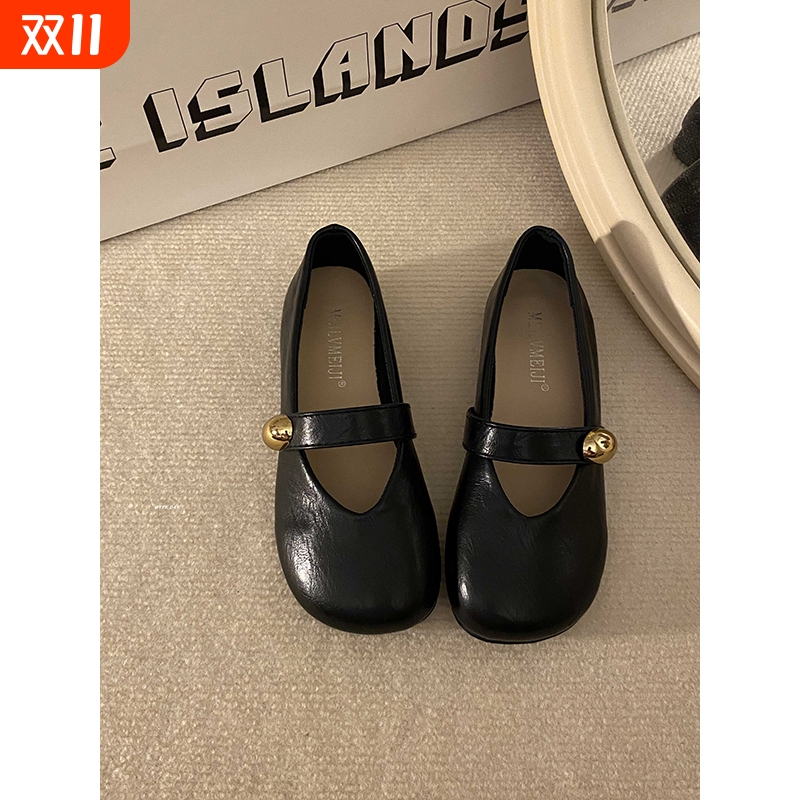 秋季法式浅口一脚蹬单鞋2025黑色新款百搭圆头平底玛丽珍鞋女鞋子