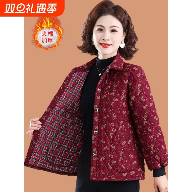 妈妈秋冬夹棉衬衫外套轻薄棉衣中老年奶奶冬装碎花小棉袄保暖棉服