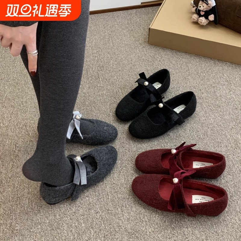 法式灰色毛呢毛毛鞋女秋冬外穿2025新款加绒玛丽珍单鞋豆豆鞋棉鞋