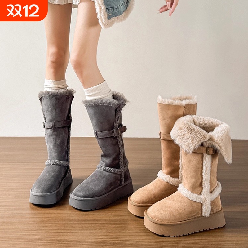 厚底加绒加厚毛毛长筒雪地靴女2025冬季新款高筒棉靴子东北大棉鞋