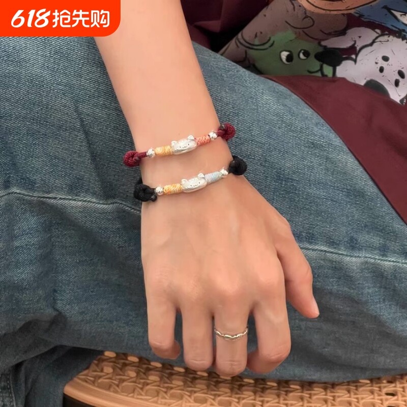 999足银法棍猫手链纯银男女生情侣手绳闺蜜送礼物红绳银饰品编织