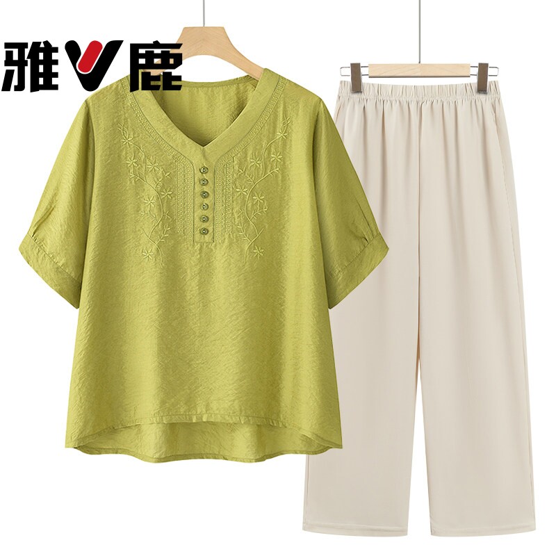 雅鹿妈妈装夏季中老年小衫短袖棉麻女装夏洋气新款T恤2026上衣薄