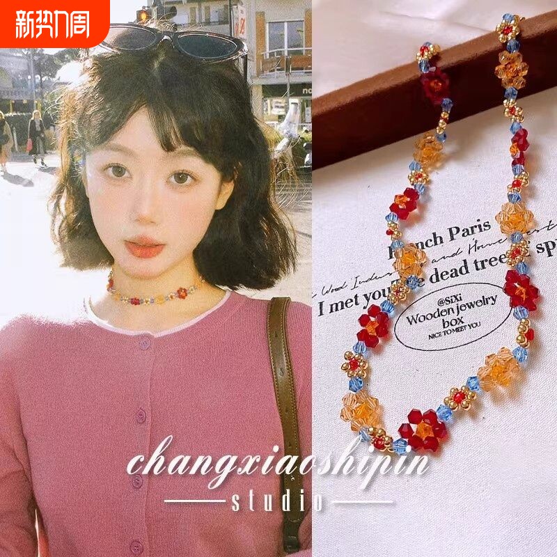 春夏新款多巴胺花朵串珠项链锁骨链女波西米亚风云南海边旅游配饰