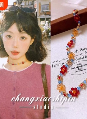 春夏新款多巴胺花朵串珠项链锁骨链女波西米亚风云南海边旅游配饰