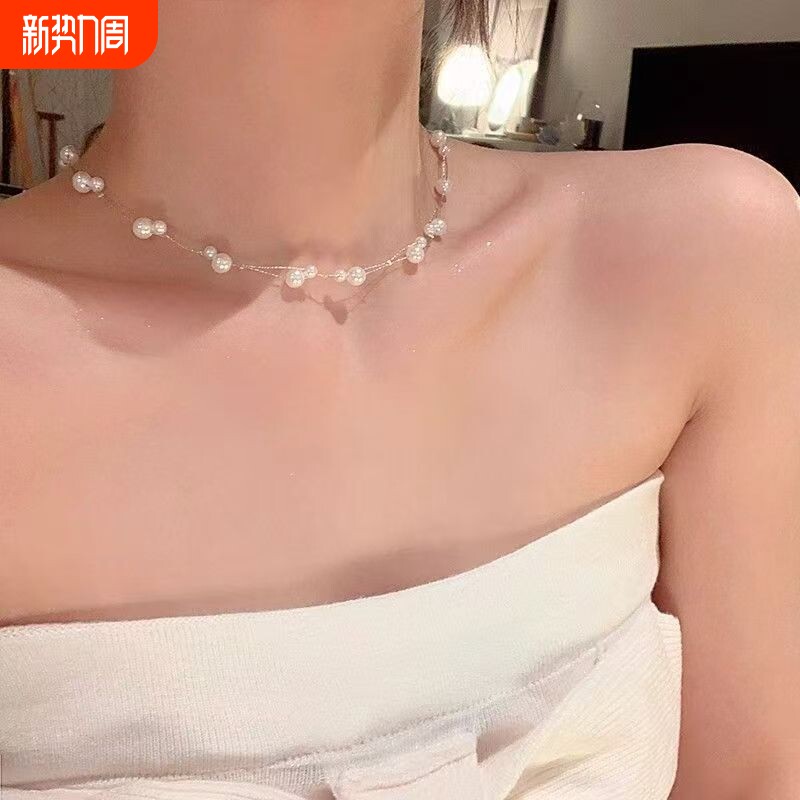 韩系双层珍珠满天星项链女高级感轻奢小众颈链配饰锁骨链choker