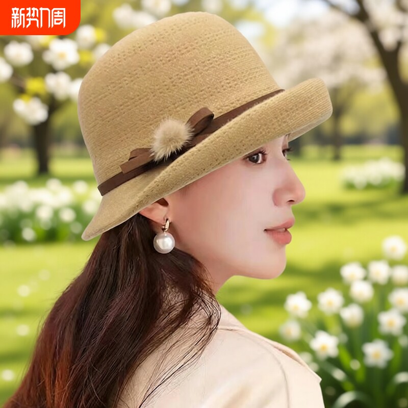 赫本风帽子女士渔夫帽子女洋气卷边礼帽秋冬保暖盆帽可折叠蝴蝶结
