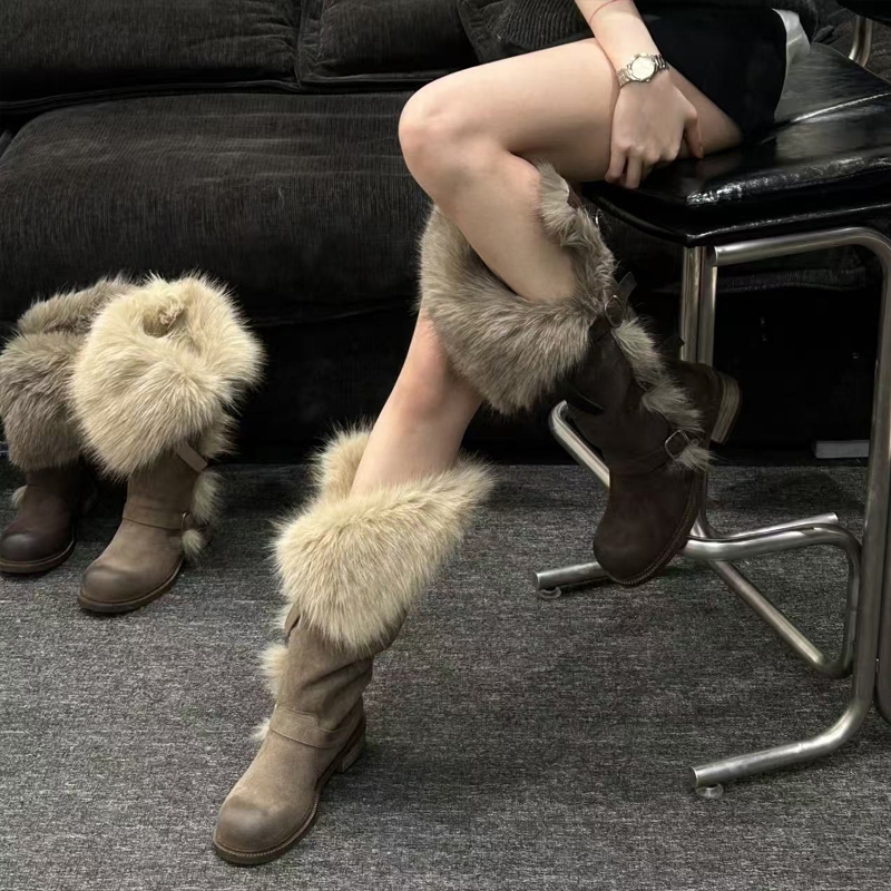 乌托邦长筒雪地靴女款2025冬季新款俄式高筒帕扣保暖棉鞋毛绒黑色