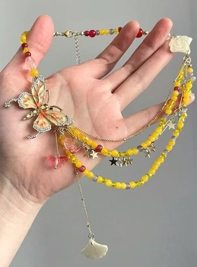 黄色滴油蝴蝶串珠银杏叶流苏项链春夏辣妹甜酷风叠戴锁骨链女款