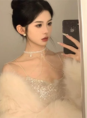 闪钻水滴锆石流苏胸链晚宴肩链项链身体链水钻链条女配饰礼服装饰