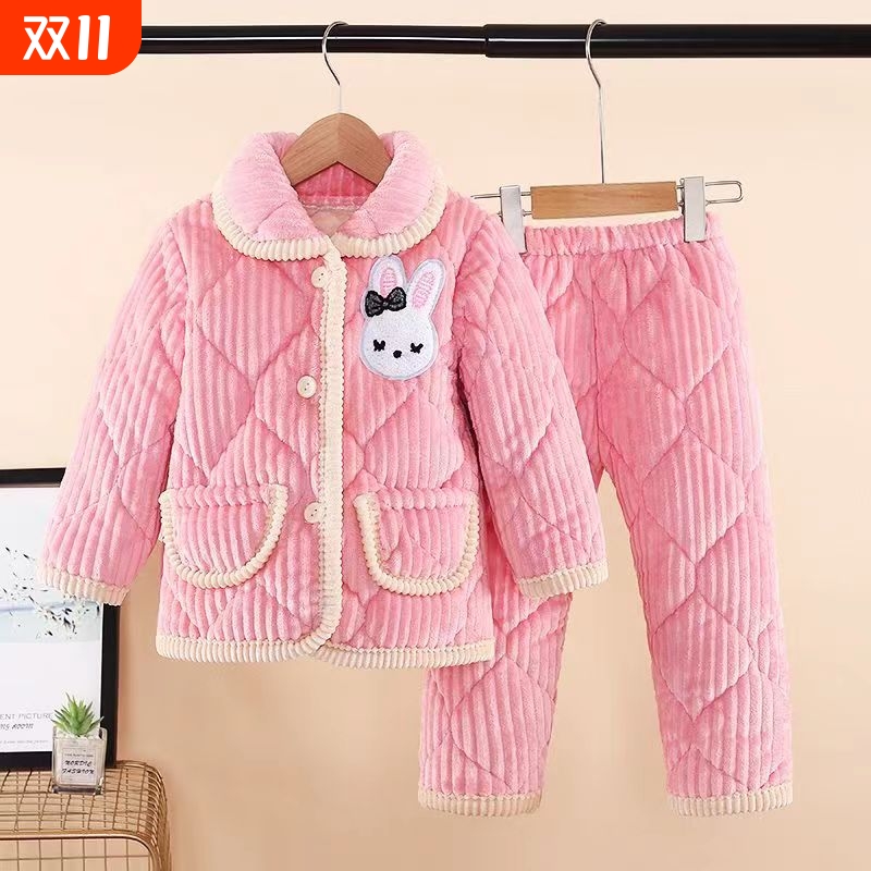 冬季儿童睡衣三层夹棉加厚加绒男女童法兰绒小孩珊瑚绒家居服套装