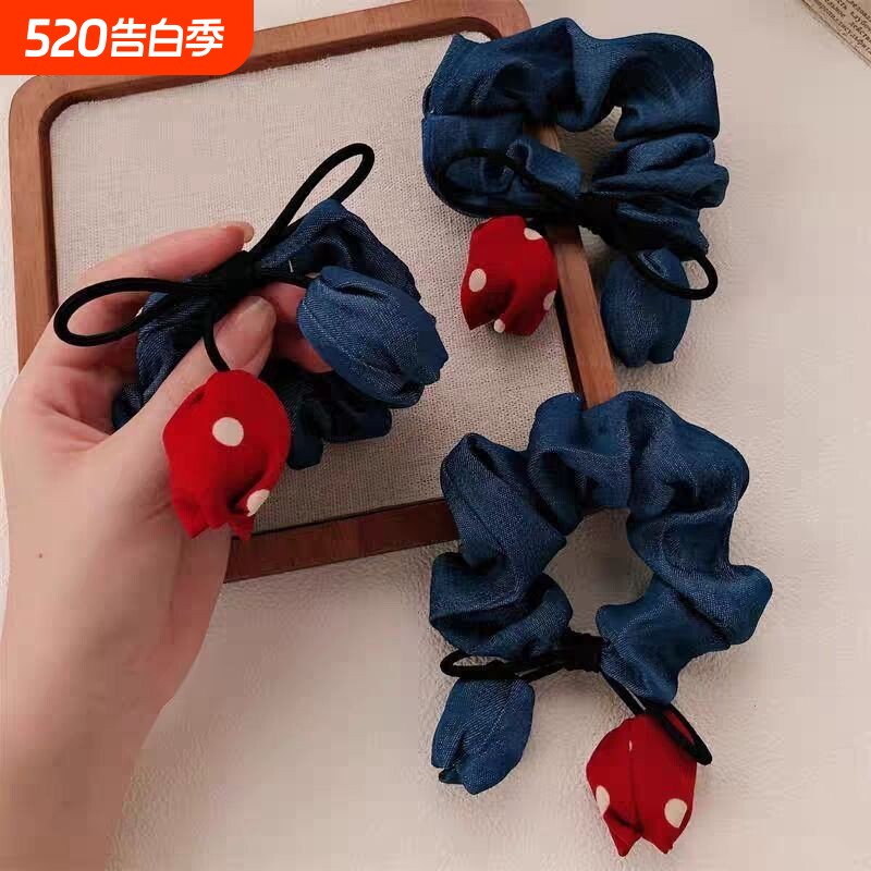 牛仔郁金香大肠圈发绳少女高级感花朵发圈头绳皮筋发饰女蝴蝶结