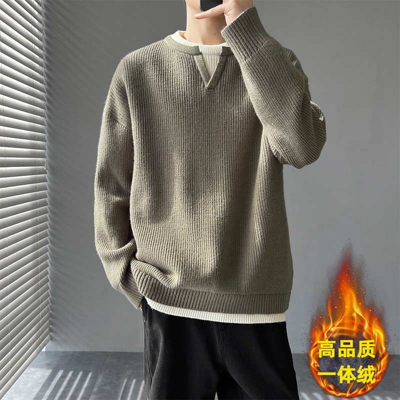 日系休闲假两件针织衫男套头上衣情侣百搭毛衣加绒保暖舒适秋冬装