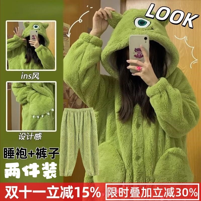 大眼仔珊瑚绒睡衣女秋冬季睡袍加厚长款毛绒保暖睡裙卡通可爱套装