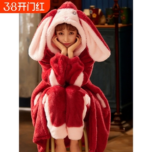 红豆珊瑚绒睡衣女秋冬加厚加绒法兰绒睡袍毛绒家居服套装红色兔子