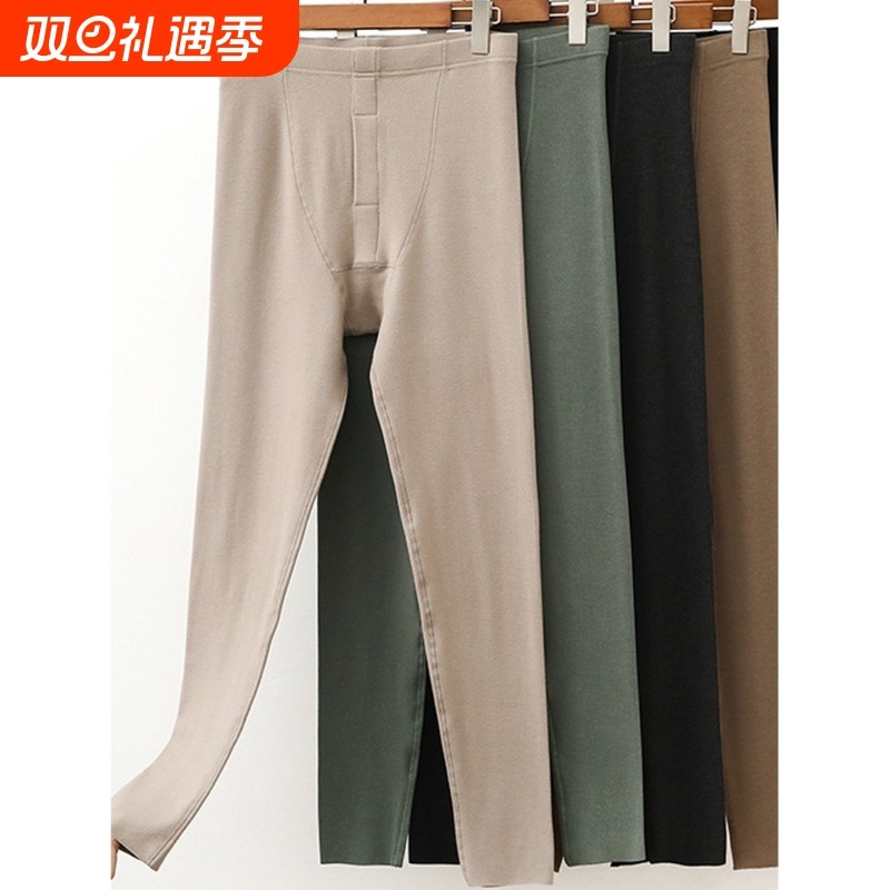 红豆秋冬季双面磨毛保暖裤男士发热无痕德绒秋裤弹力大码加绒毛线