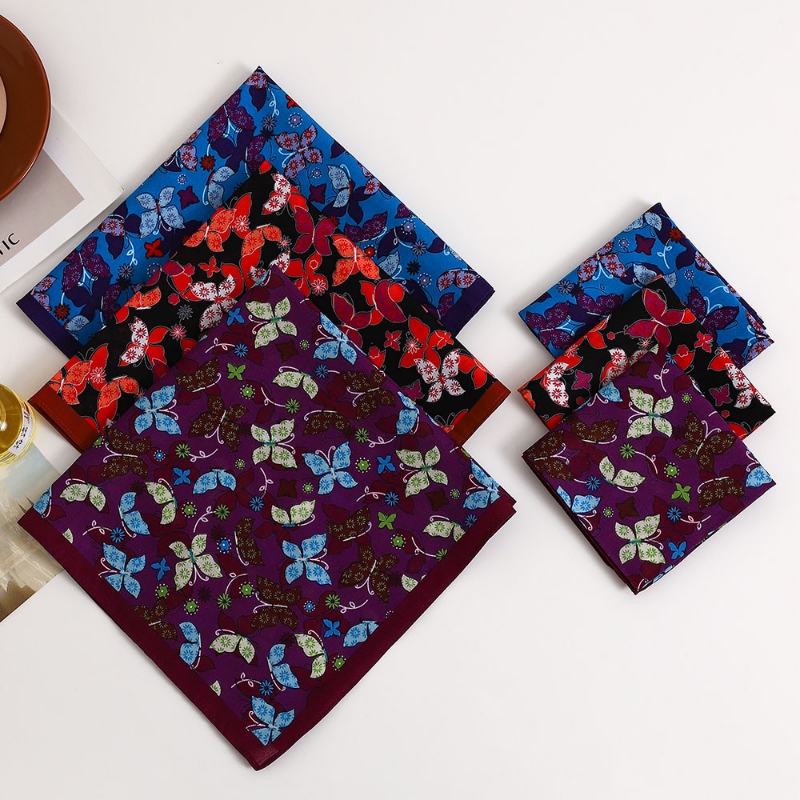 43厘米女士纯棉手帕复古风老式深色系撞色蝴蝶印花手绢薄款吸汗巾