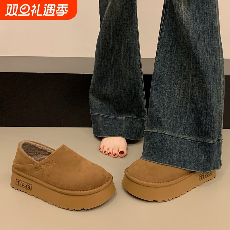 他她女孩厚底勃肯鞋女加绒保暖雪地靴2025冬一脚蹬棉鞋面松糕底