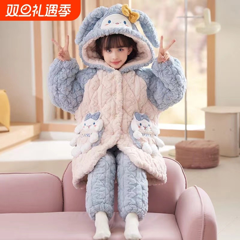 儿童睡衣冬加厚加绒三层夹棉法兰绒珊瑚绒女玉桂狗亲子家居服套装