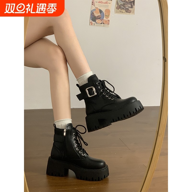 厚底英伦风马丁靴女款2025新款秋冬季增高黑色短筒靴子高跟粗跟