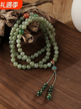 新中式长款和田玉绿色串珠项链女国风复古气质一款多戴毛衣链配饰