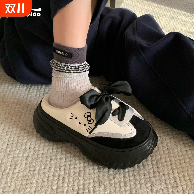 细细条可爱小猫时尚撞色保暖棉鞋