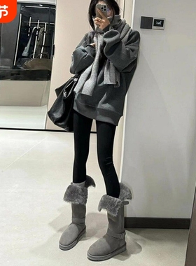 他她女孩桑坡真羊皮毛一体长筒雪地靴女2025冬季新款灰色毛毛鞋子