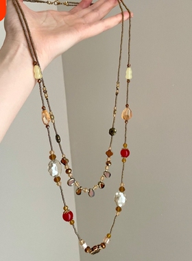 中古vintage双层水滴花朵项链复古小众高级感个性锁骨链百搭颈链