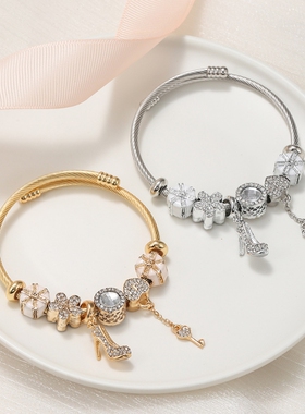 潘家轻奢DIY不锈钢钛钢手镯 高跟鞋爱心锁礼物盒串饰 手链女饰品