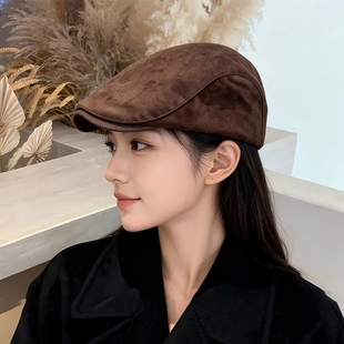 秋冬复古麂皮绒前进帽男女款 纯色英伦风画家帽日系街头感报童帽子