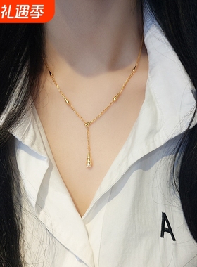 s925纯银金色瑞秋y字型水滴吊坠项链女镶钻轻奢风小众